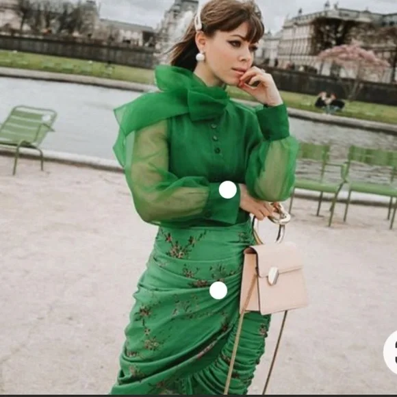 Zara green sheet organza blouse pussy bow dramatic chic S - Picture 10 of 12